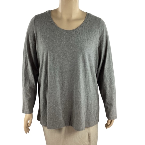 Avenue Gray Long Sleeve Scoop Neck Embellished T-Shirt 22/24 - Picture 1 of 6